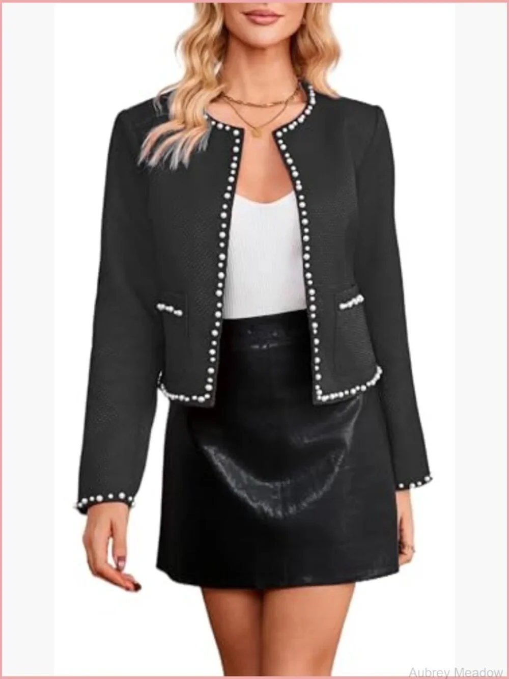 Cropped Tweed Blazer Jacket Long Sleeve Open Front Pearl Trim Fall Outfit